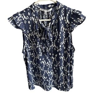 COLLECTIVE CONCEPTS Navy White Diamond Print Tie Neck Flutter Sleeve blouse M